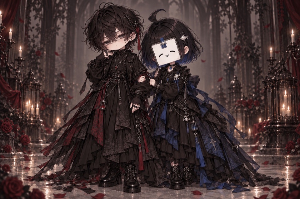 ろうそくと薔薇に囲まれた部屋で、赤と青を差し色にした黒い衣装で並ぶふたり。