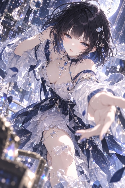 星としずくの飾りをまとい、こちらを見上げながら手を差しのべるしらす。