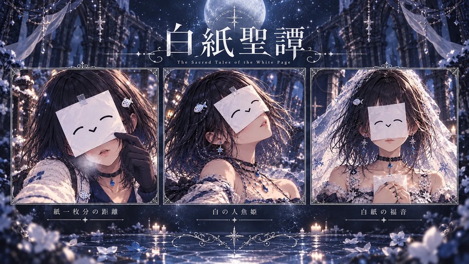 白紙聖譚。三つの衣装のしらすを並べたアルバムアートワーク。