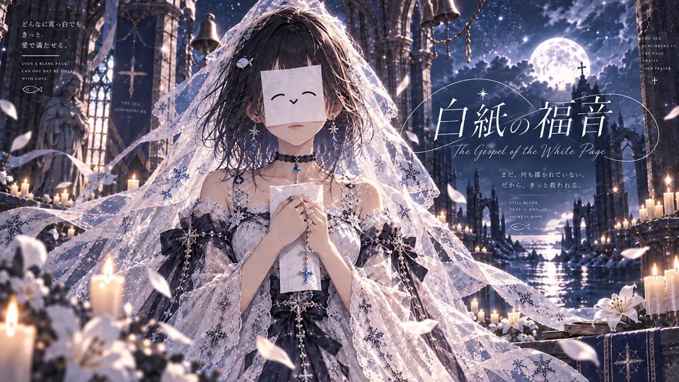 海辺の聖堂で白いベールをまとったしらす。「白紙の福音」のアートワーク。