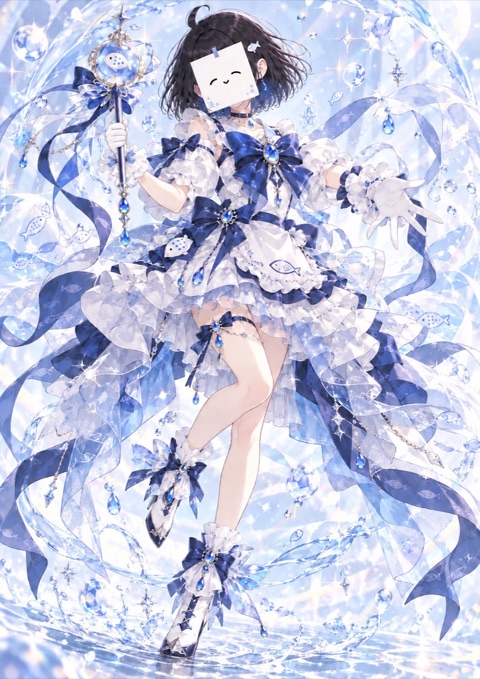 魚の飾りが付いた杖を持つしらす。青と白のドレスにリボンとしずくがきらめく。