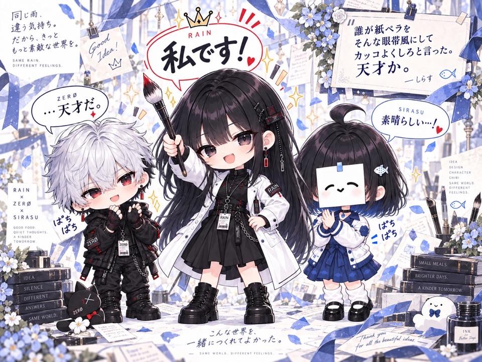 筆を掲げて「私です！」と笑うRAINに、ZERØとしらすが拍手を送るイラスト。