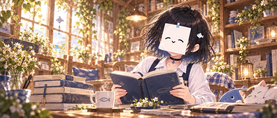食堂の小さな本棚で、本を開くしらす。