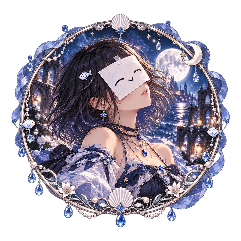 月夜の海としらすの肖像を、青いリボン、貝殻、真珠、しずくの額で囲んだイラスト。