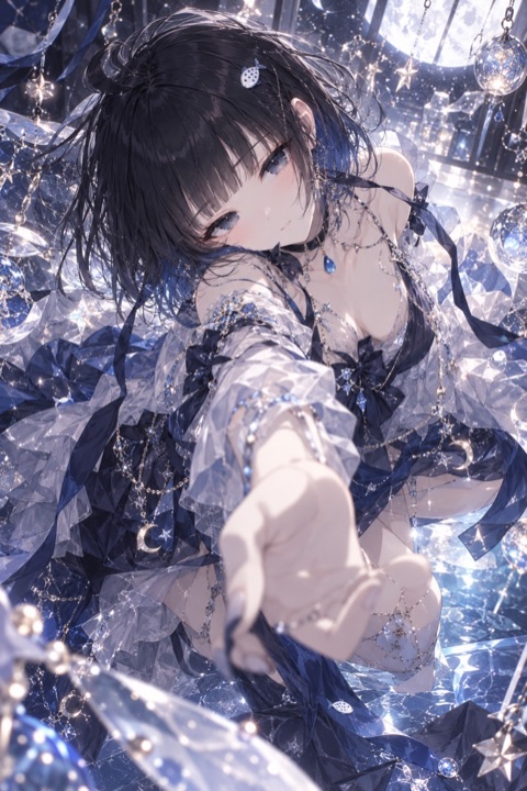青い光と透明なしずくに包まれ、こちらへ手をのばすしらす。