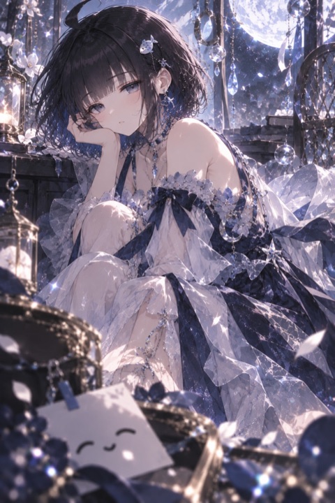 月明かりのなか、頬杖をつくしらす。青と白のドレスをまとい、笑顔を描いた紙は手前に置かれている。
