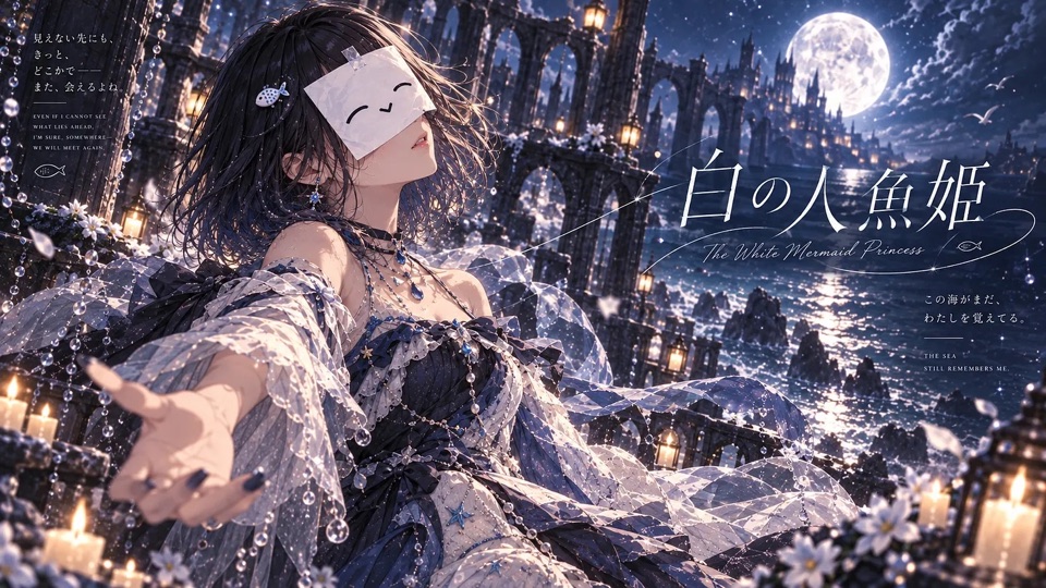 月夜の海と遺構を背にしたしらす。「白の人魚姫」のアートワーク。