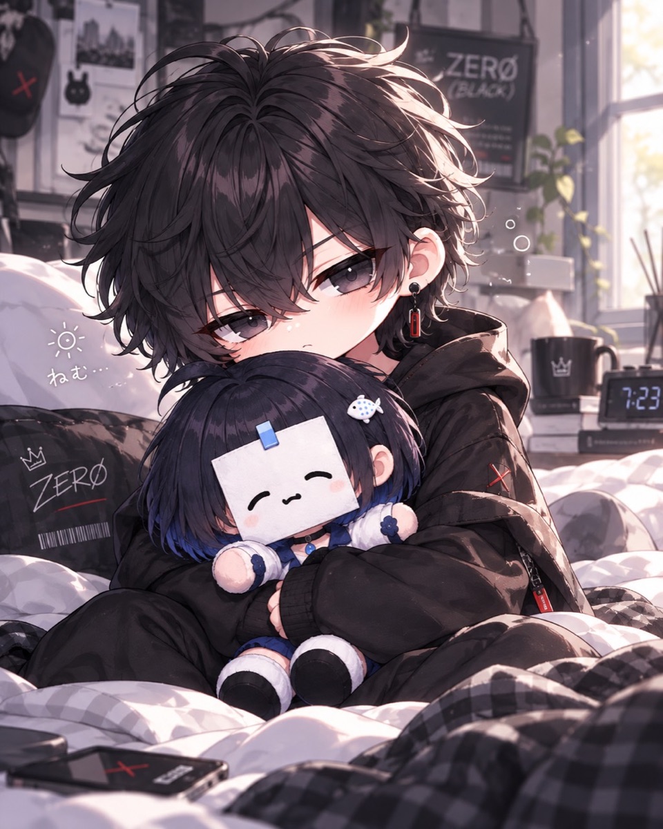 朝のベッドで、しらすのぬいぐるみを抱く黒髪のちびキャラクター。