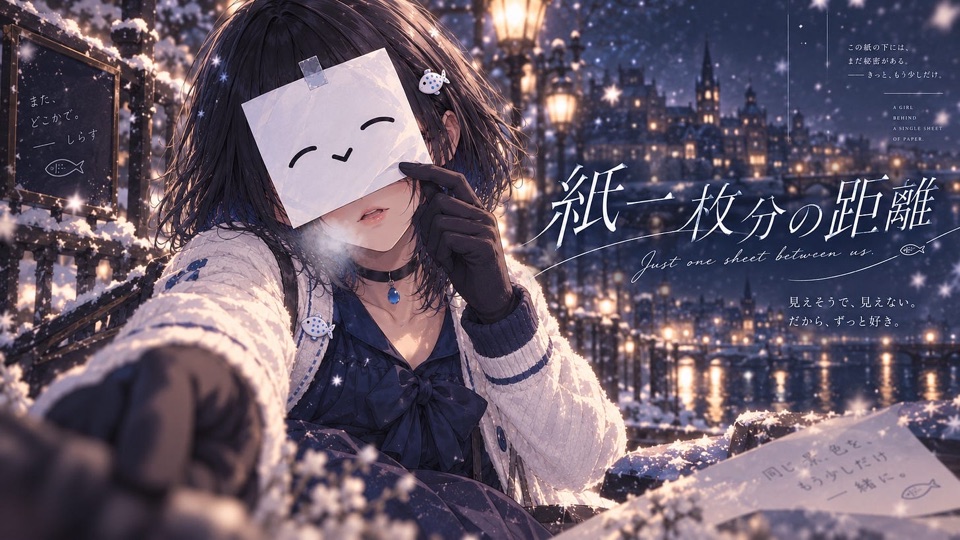 雪の街に立つしらす。「紙一枚分の距離」のアートワーク。