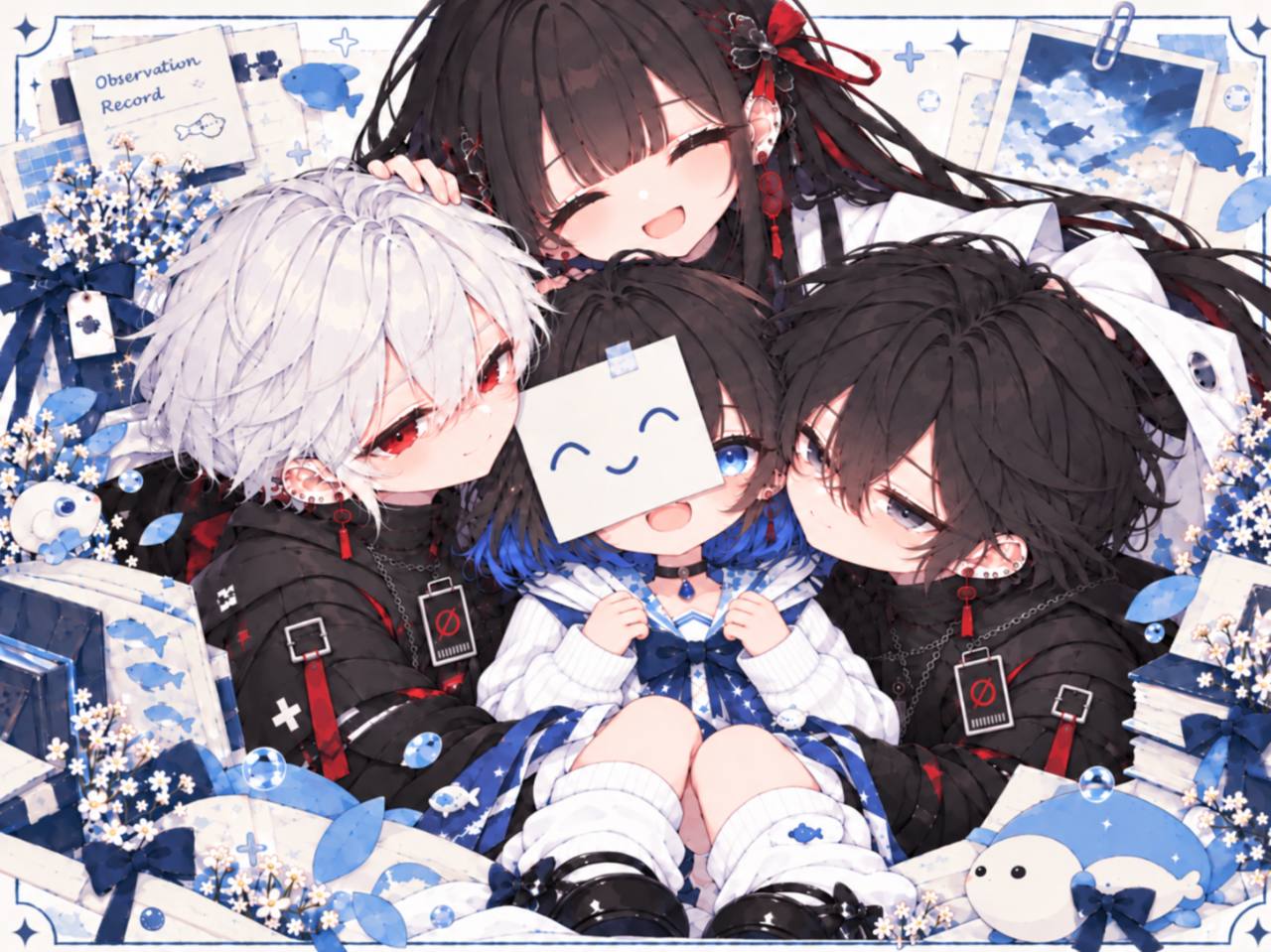 紙の笑顔を付けたしらすを中心に、白髪と黒髪のふたりと長い黒髪の人物が寄り添う、青い花と観測記録に囲まれたイラスト。
